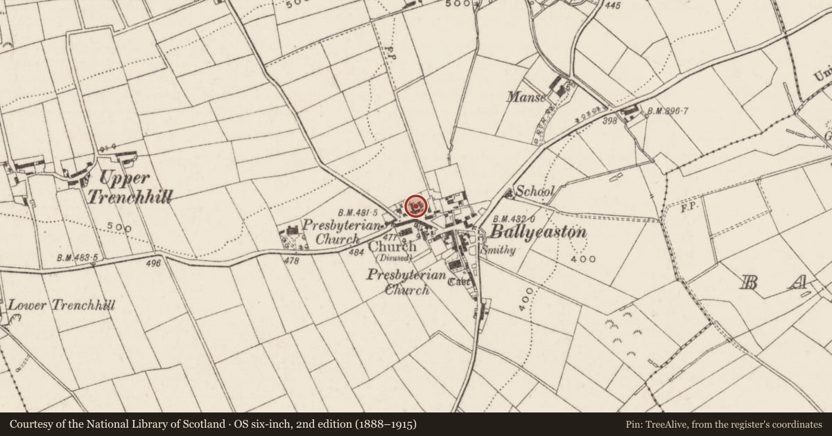 Ordnance Survey six-inch map, 2nd edition (1888–1915) covering the location of Pump No. 2, Ballyeaston, Antrim and Newtownabbey, with a pin at the register's coordinates