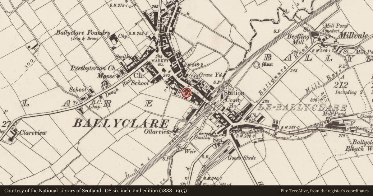 Ordnance Survey six-inch map, 2nd edition (1888–1915) covering the location of Central Tea Rooms, Le Ballyclare, Antrim and Newtownabbey, with a pin at the register's coordinates