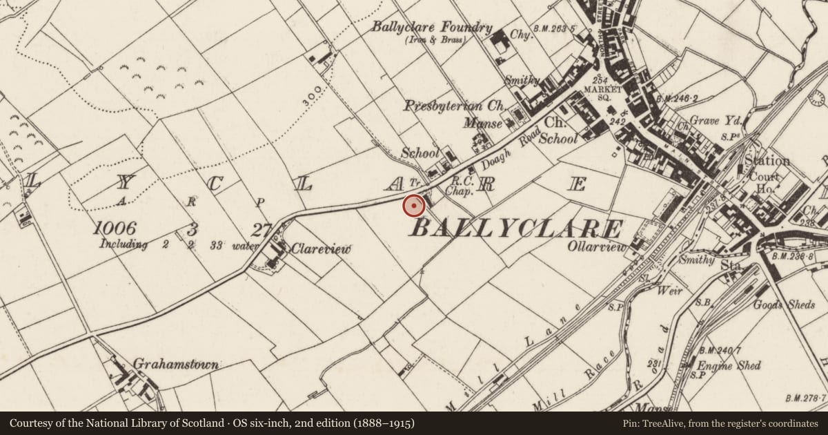 Ordnance Survey six-inch map, 2nd edition (1888–1915) covering the location of Church of the Sacred Heart, Le Ballyclare, Antrim and Newtownabbey, with a pin at the register's coordinates