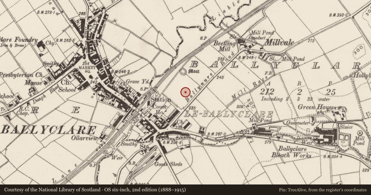 Ordnance Survey six-inch map, 2nd edition (1888–1915) covering the location of War Memorial, Ballyclare, Antrim and Newtownabbey, with a pin at the register's coordinates
