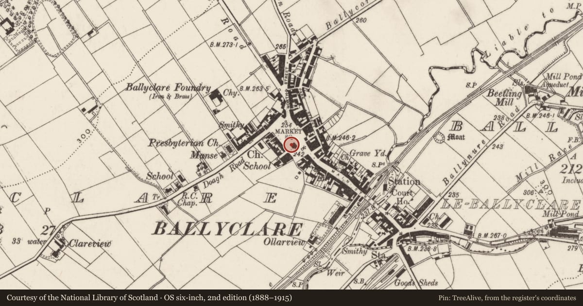 Ordnance Survey six-inch map, 2nd edition (1888–1915) covering the location of Ballyclare Town Hall, Antrim and Newtownabbey, with a pin at the register's coordinates