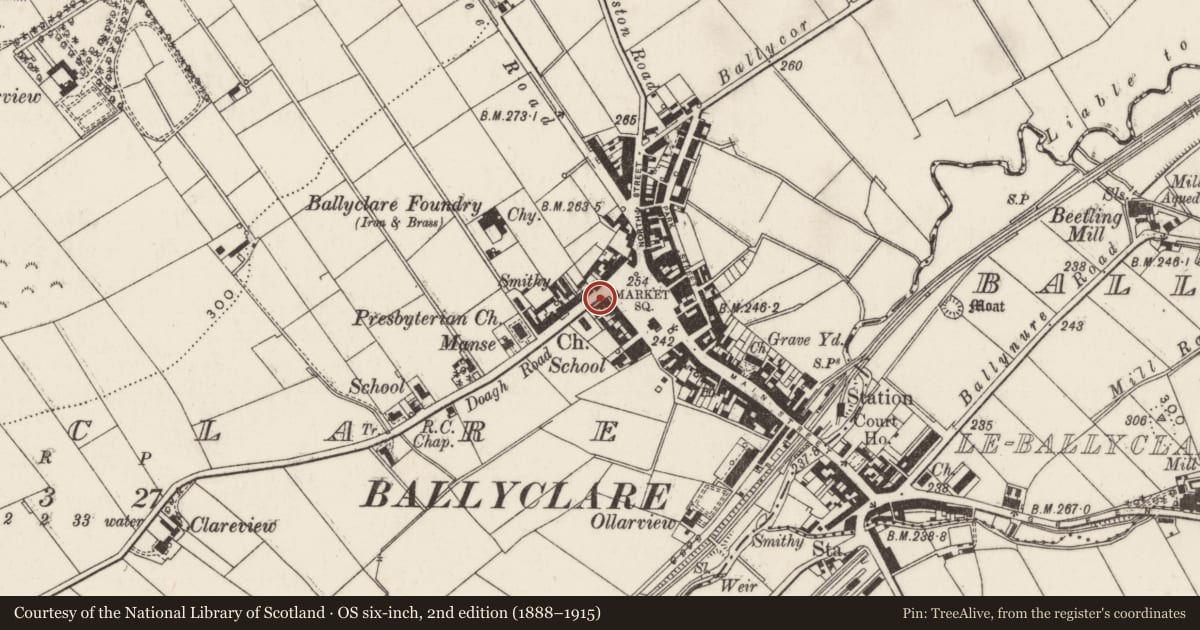Ordnance Survey six-inch map, 2nd edition (1888–1915) covering the location of 1 The Square, Ballyclare, Antrim and Newtownabbey, with a pin at the register's coordinates