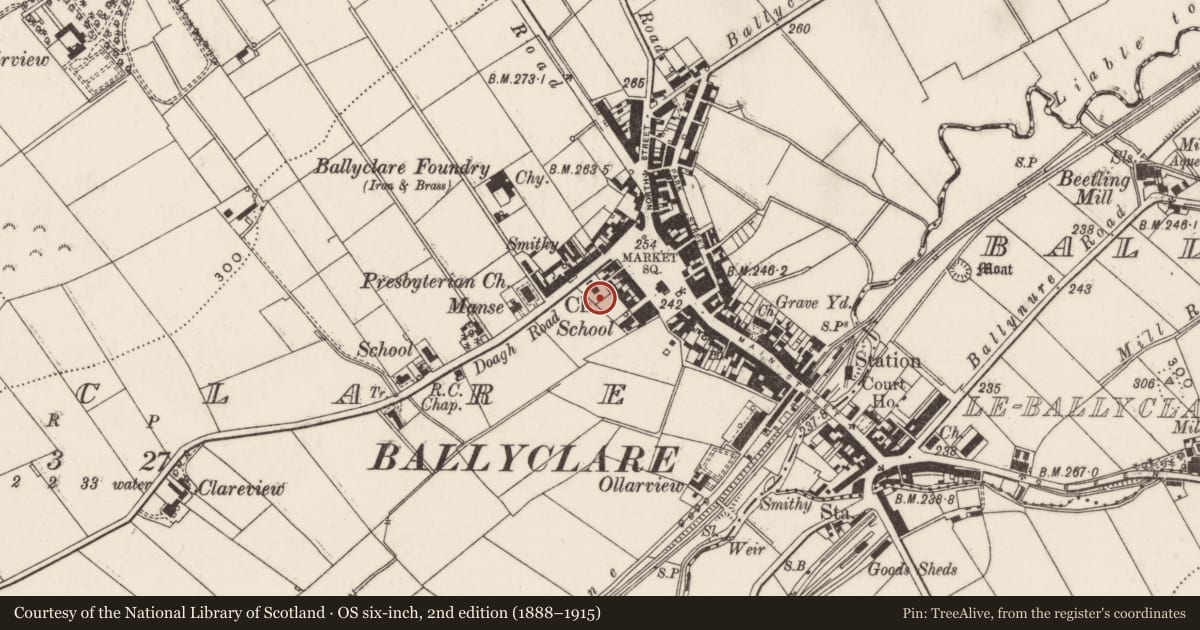 Ordnance Survey six-inch map, 2nd edition (1888–1915) covering the location of St. John's Church of Ireland Church, Ballyclare, Antrim and Newtownabbey, with a pin at the register's coordinates