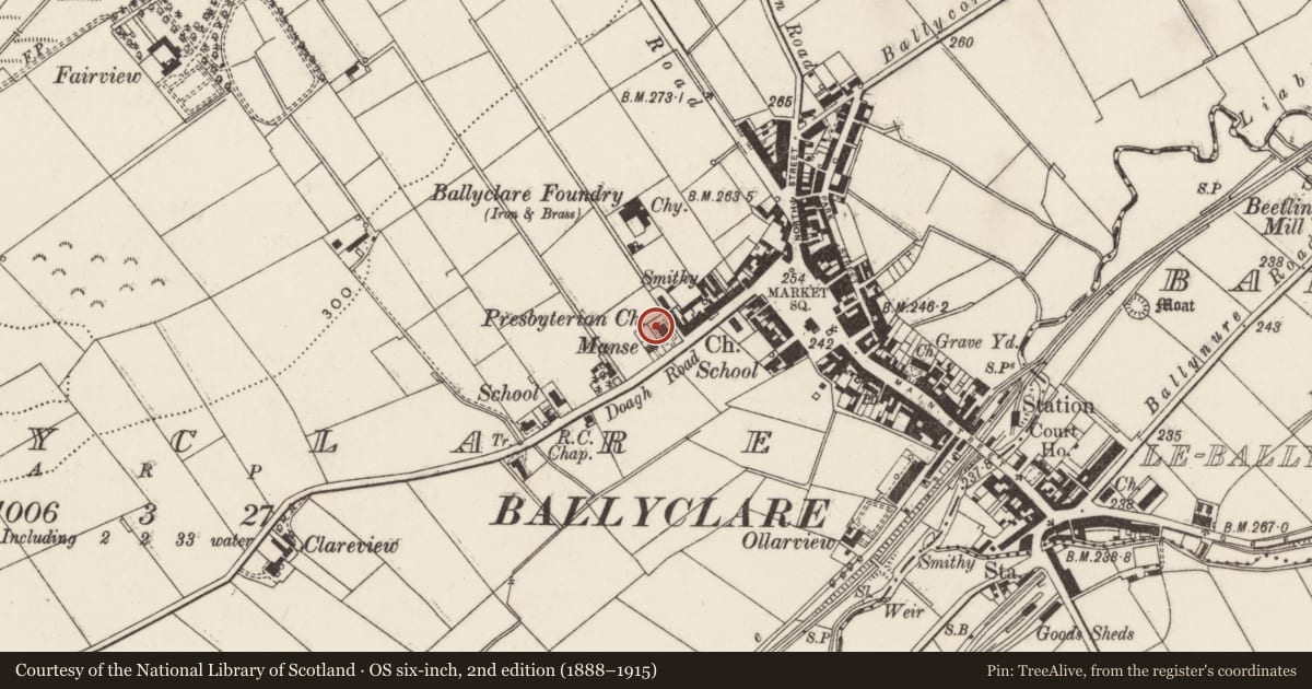 Ordnance Survey six-inch map, 2nd edition (1888–1915) covering the location of Ballyclare Presbyterian Church, Antrim and Newtownabbey, with a pin at the register's coordinates