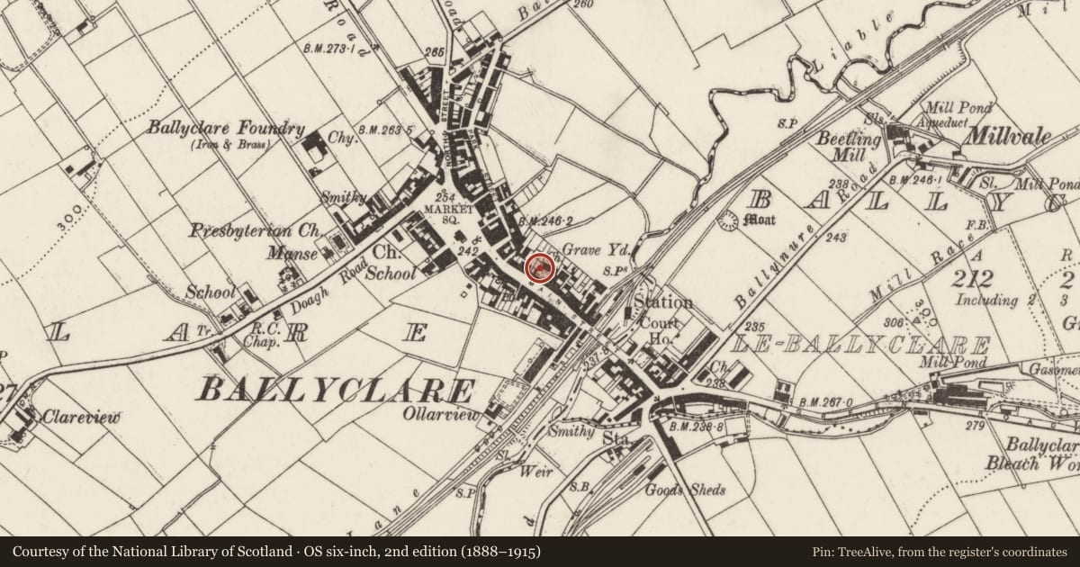 Ordnance Survey six-inch map, 2nd edition (1888–1915) covering the location of Old Presbyterian Church, Ballyclare, Antrim and Newtownabbey, with a pin at the register's coordinates