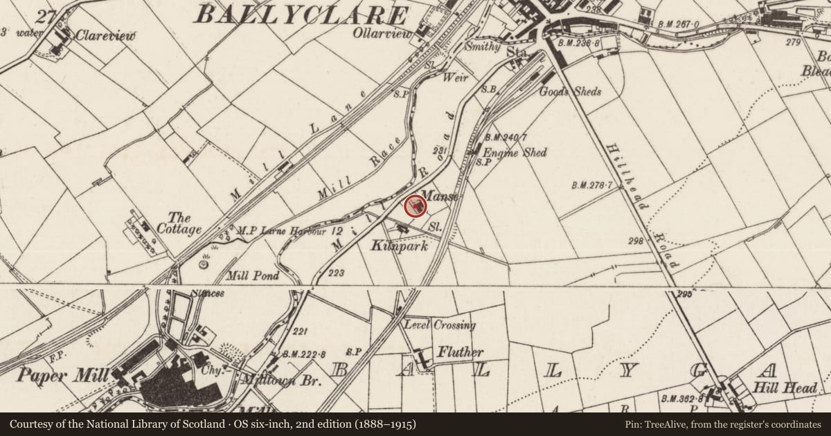 Ordnance Survey six-inch map, 2nd edition (1888–1915) covering the location of The Old Manse, Antrim and Newtownabbey, with a pin at the register's coordinates