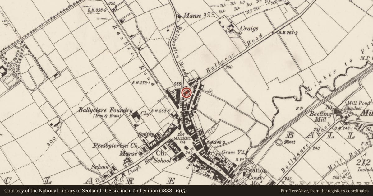 Ordnance Survey six-inch map, 2nd edition (1888–1915) covering the location of Reformed Presbyterian Church, Antrim and Newtownabbey, with a pin at the register's coordinates