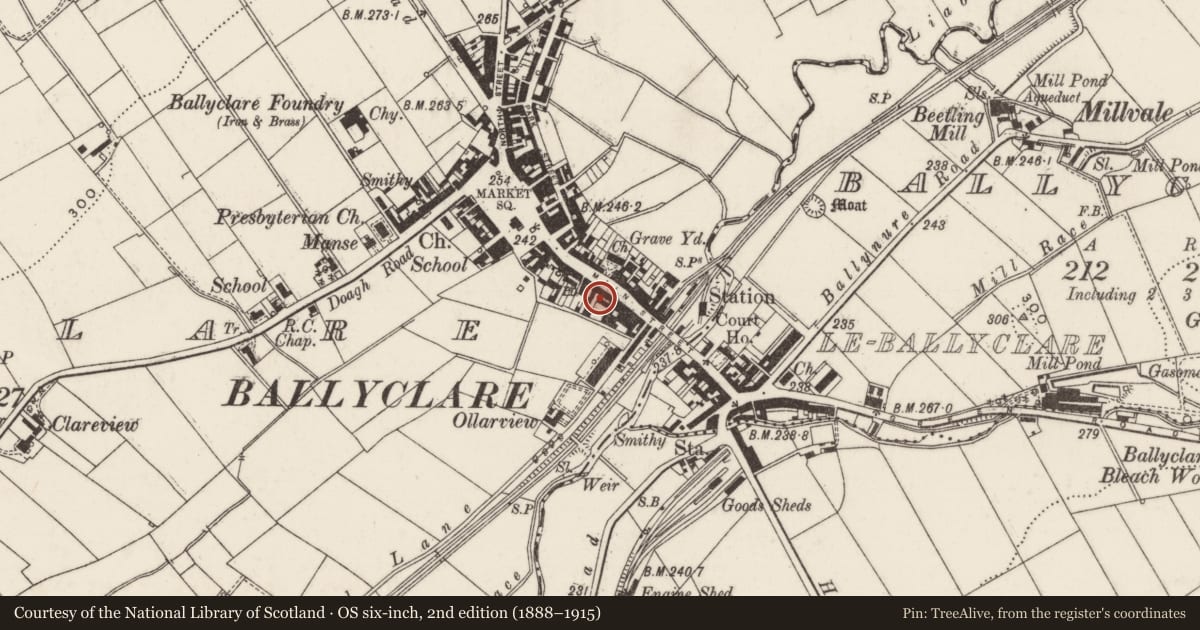 Ordnance Survey six-inch map, 2nd edition (1888–1915) covering the location of Ulster Bank, Ballyclare, Antrim and Newtownabbey, with a pin at the register's coordinates
