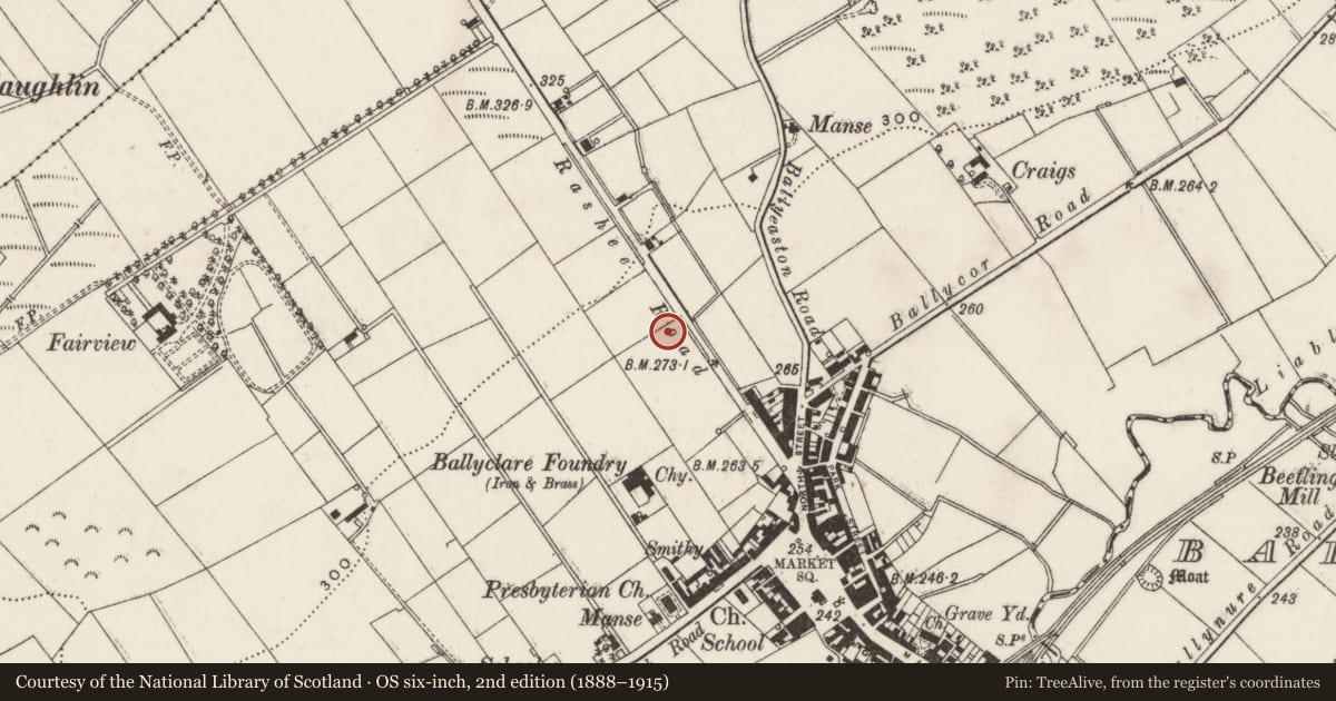 Ordnance Survey six-inch map, 2nd edition (1888–1915) covering the location of Ballyclare High School, Le Ballyclare, Antrim and Newtownabbey, with a pin at the register's coordinates