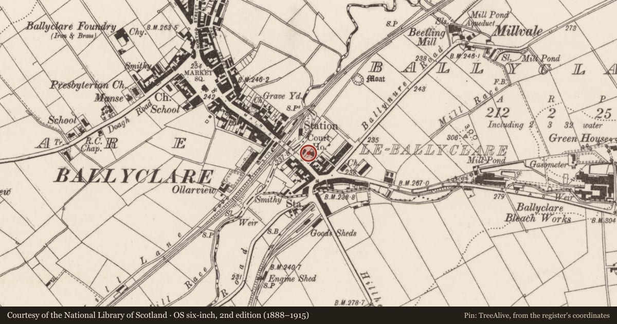 Ordnance Survey six-inch map, 2nd edition (1888–1915) covering the location of Ollar Lodge, Antrim and Newtownabbey, with a pin at the register's coordinates