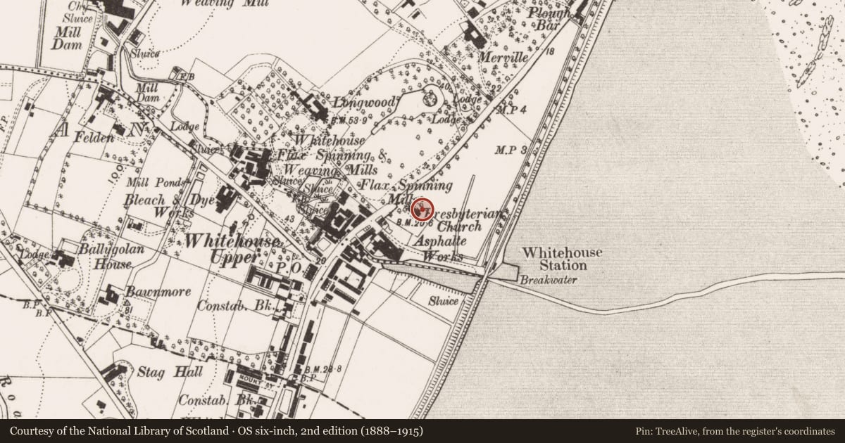Ordnance Survey six-inch map, 2nd edition (1888–1915) covering the location of Whitehouse Presbyterian Church, Antrim and Newtownabbey, with a pin at the register's coordinates