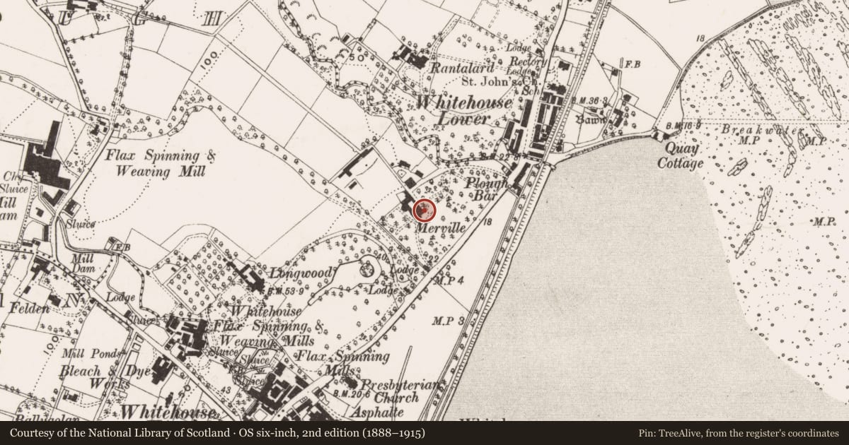 Ordnance Survey six-inch map, 2nd edition (1888–1915) covering the location of Merville House, Drumnadrough, Antrim and Newtownabbey, with a pin at the register's coordinates