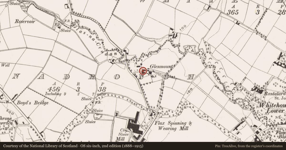 Ordnance Survey six-inch map, 2nd edition (1888–1915) covering the location of Glenmount House, Antrim and Newtownabbey, with a pin at the register's coordinates