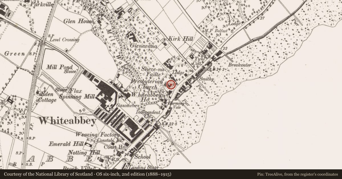Ordnance Survey six-inch map, 2nd edition (1888–1915) covering the location of Whiteabbey Presbyterian Church, Jordanstown, Antrim and Newtownabbey, with a pin at the register's coordinates