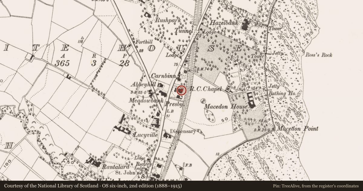 Ordnance Survey six-inch map, 2nd edition (1888–1915) covering the location of St. Mary's Star of The Sea Roman Catholic Church, Whitehouse, Antrim and Newtownabbey, with a pin at the register's coordinates