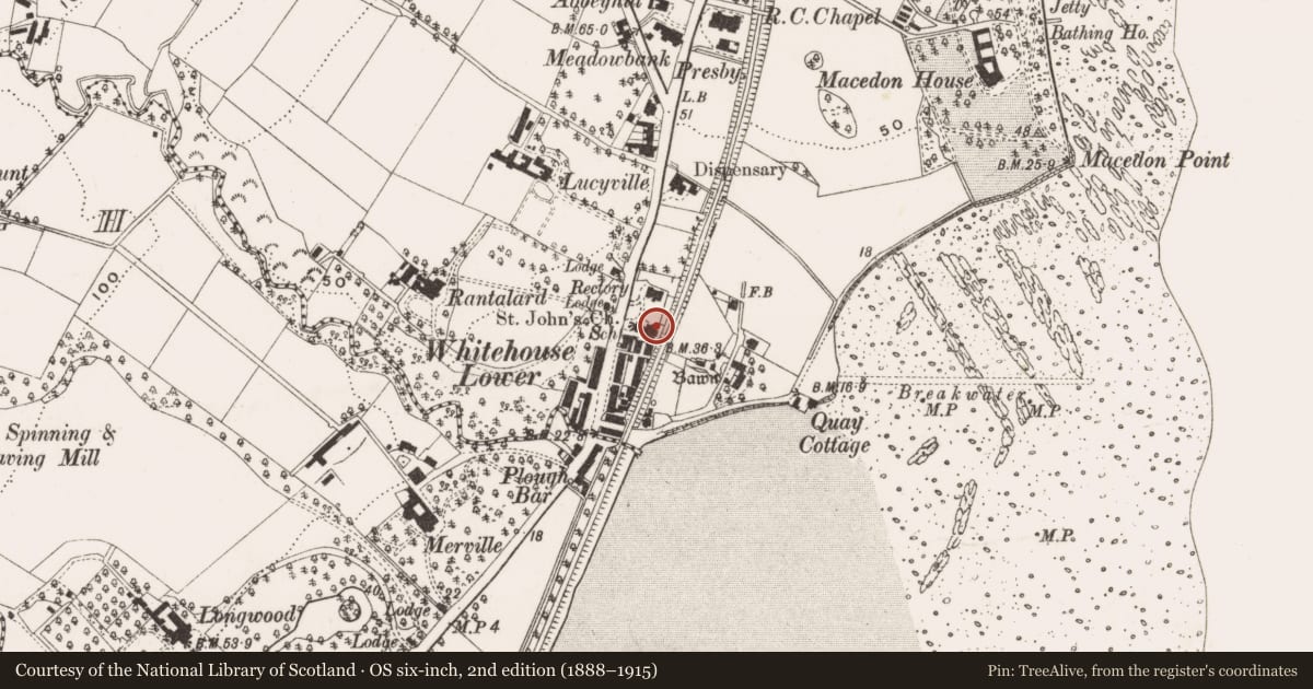 Ordnance Survey six-inch map, 2nd edition (1888–1915) covering the location of St. John'S Church Of Ireland Church, Whitehouse, Antrim and Newtownabbey, with a pin at the register's coordinates
