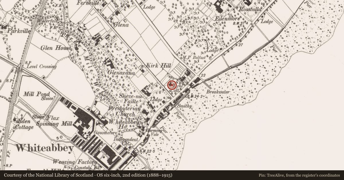 Ordnance Survey six-inch map, 2nd edition (1888–1915) covering the location of Cottage, Antrim and Newtownabbey, with a pin at the register's coordinates