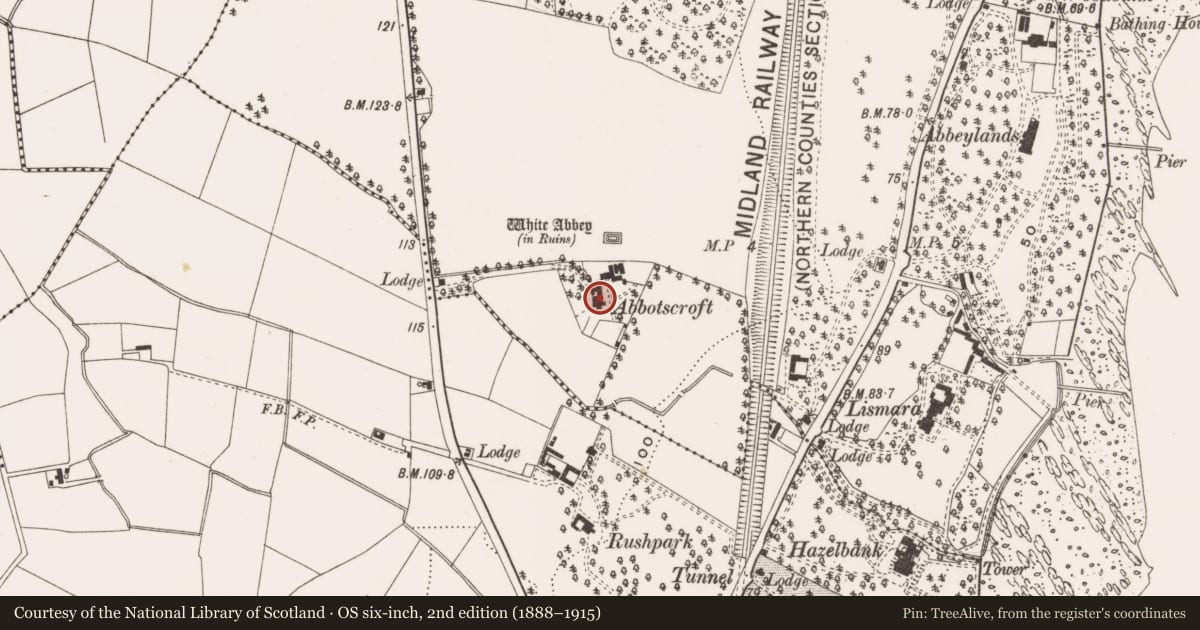 Ordnance Survey six-inch map, 2nd edition (1888–1915) covering the location of Abbotscroft, Antrim and Newtownabbey, with a pin at the register's coordinates