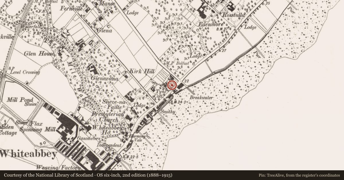 Ordnance Survey six-inch map, 2nd edition (1888–1915) covering the location of 622 Shore Road, Antrim and Newtownabbey, with a pin at the register's coordinates
