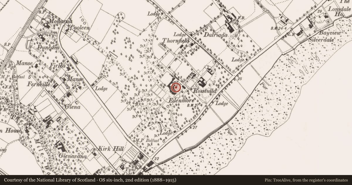 Ordnance Survey six-inch map, 2nd edition (1888–1915) covering the location of Edenmore Care Home, Whiteabbey, Antrim and Newtownabbey, with a pin at the register's coordinates