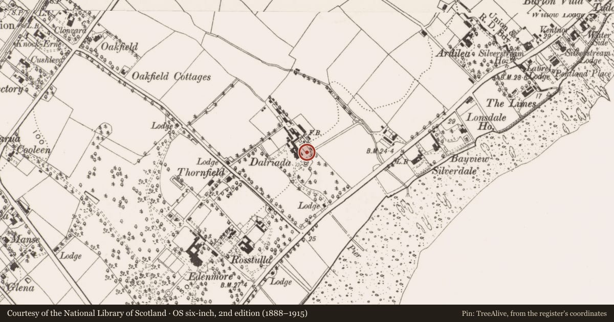 Ordnance Survey six-inch map, 2nd edition (1888–1915) covering the location of Dalriada House, Jordanstown, Antrim and Newtownabbey, with a pin at the register's coordinates