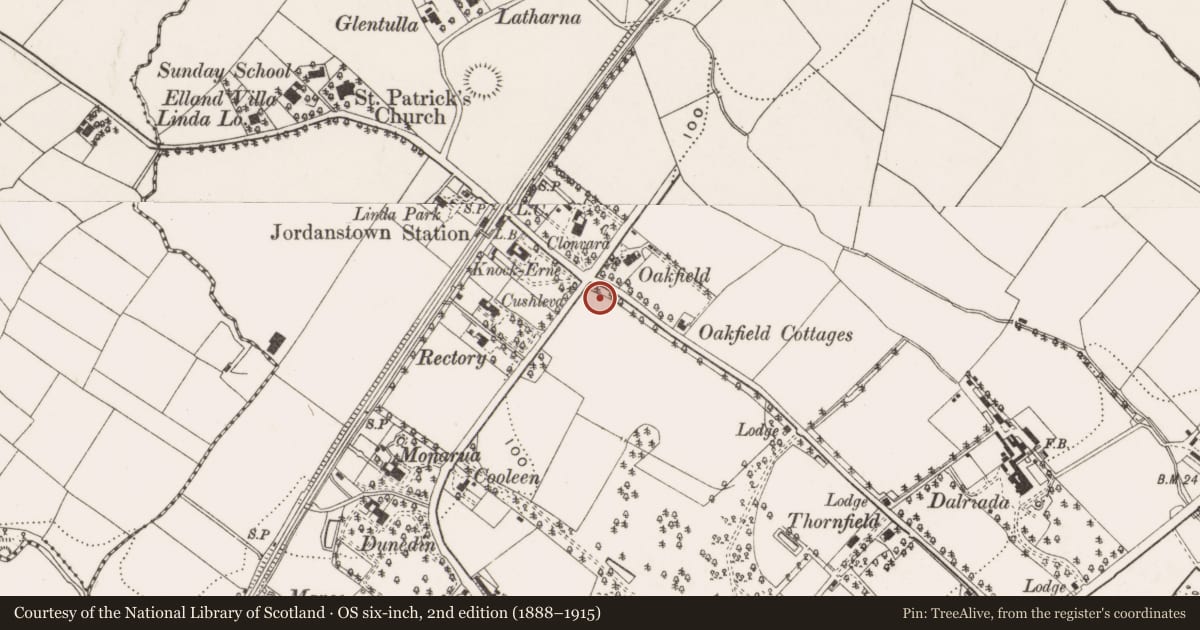 Ordnance Survey six-inch map, 2nd edition (1888–1915) covering the location of Eden Lodge, Jordonstown, Antrim and Newtownabbey, with a pin at the register's coordinates