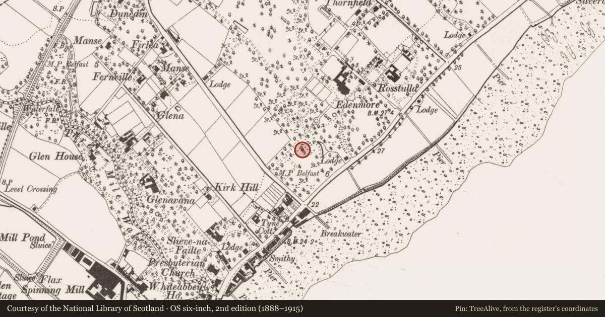 Ordnance Survey six-inch map, 2nd edition (1888–1915) covering the location of The Farthings, Jordanstown, Antrim and Newtownabbey, with a pin at the register's coordinates