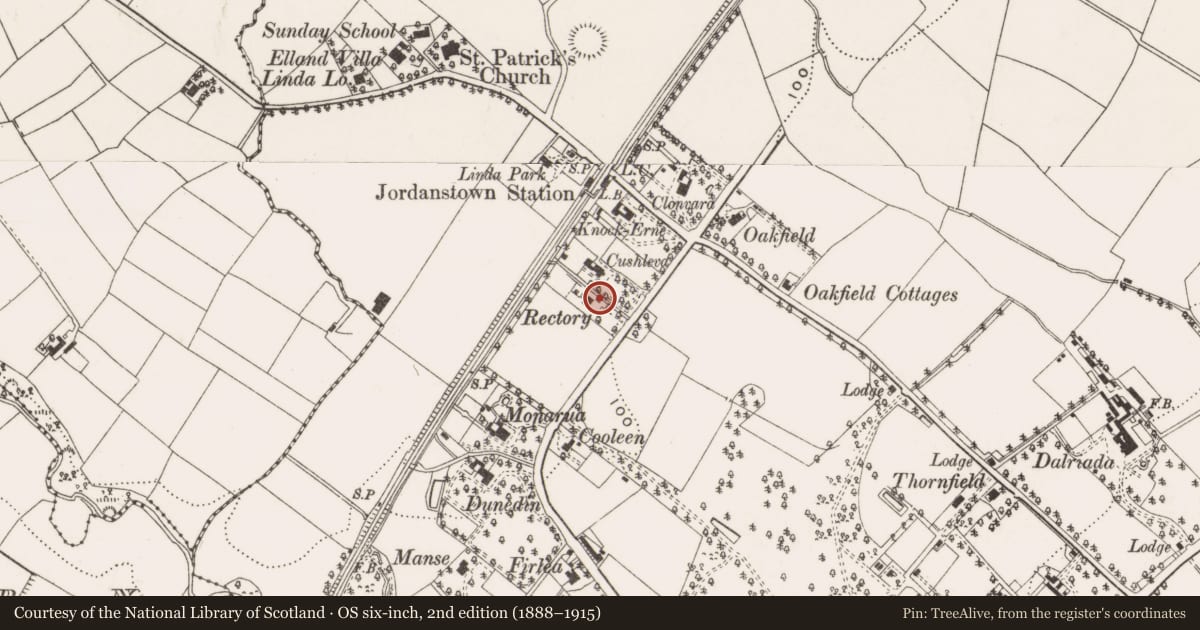 Ordnance Survey six-inch map, 2nd edition (1888–1915) covering the location of The Old Rectory, Jordonstown, Antrim and Newtownabbey, with a pin at the register's coordinates