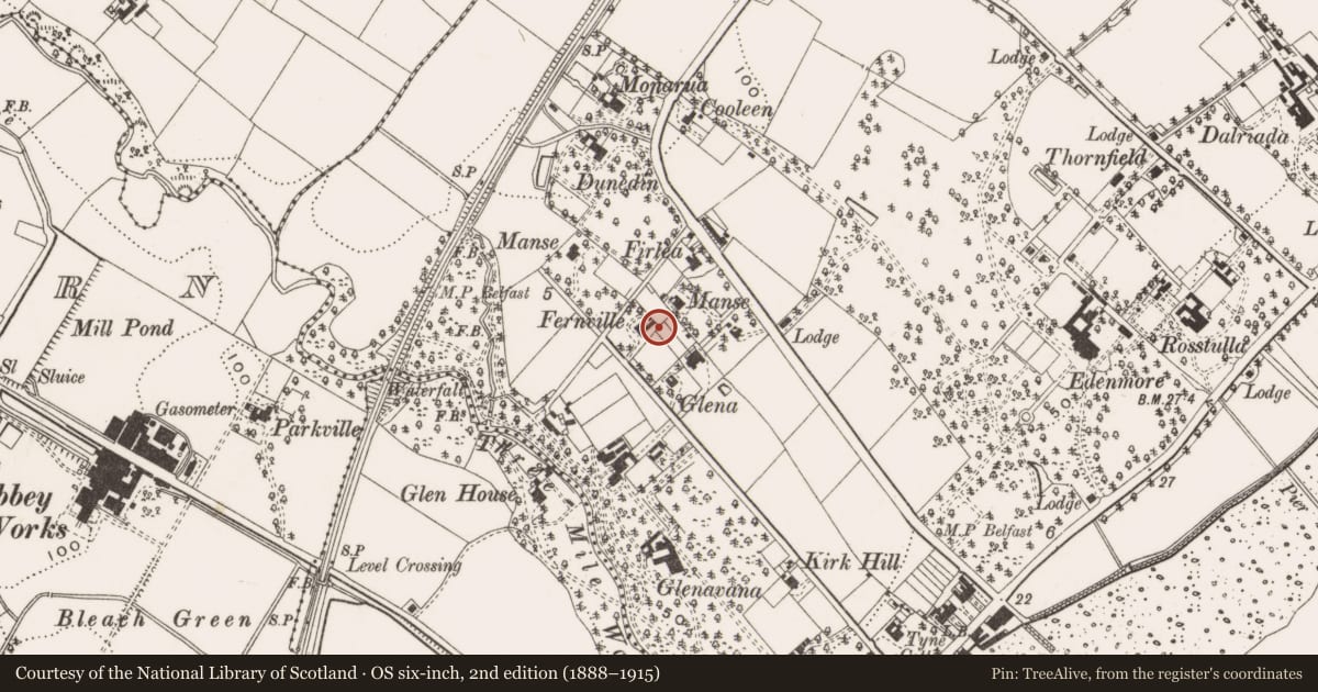 Ordnance Survey six-inch map, 2nd edition (1888–1915) covering the location of Fernville, Jordanstown, Antrim and Newtownabbey, with a pin at the register's coordinates