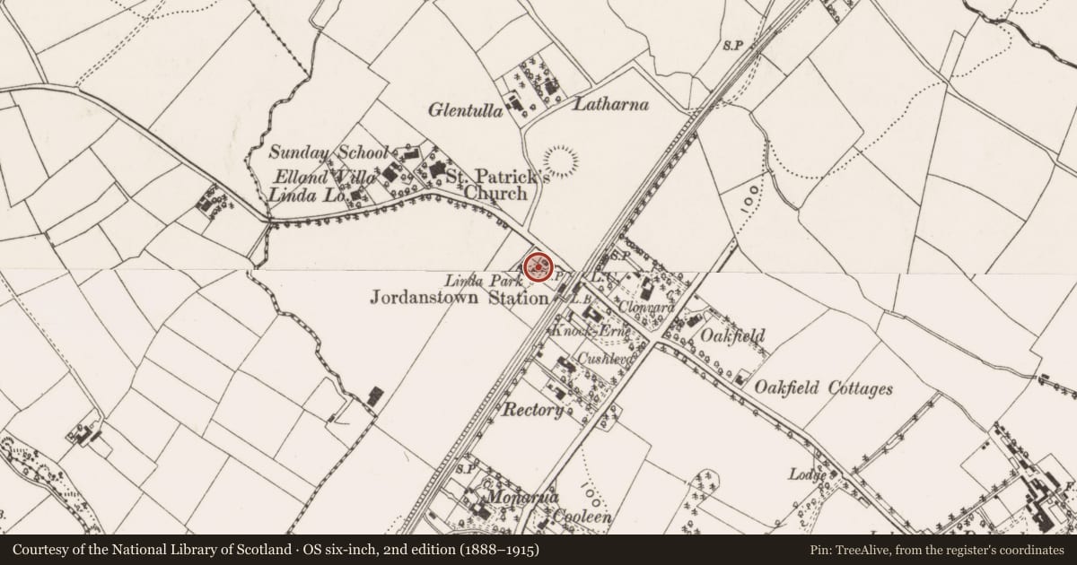 Ordnance Survey six-inch map, 2nd edition (1888–1915) covering the location of 96 Jordanstown Road, Antrim and Newtownabbey, with a pin at the register's coordinates