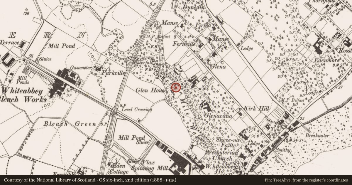 Ordnance Survey six-inch map, 2nd edition (1888–1915) covering the location of Glen House, Antrim and Newtownabbey, with a pin at the register's coordinates