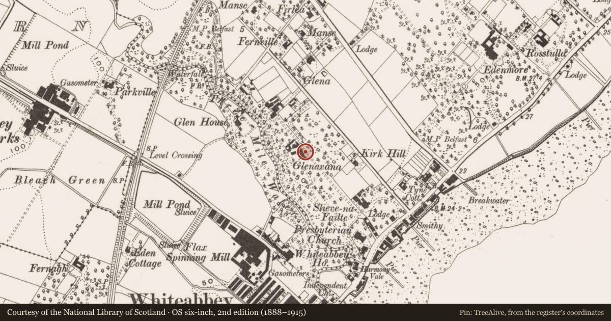 Ordnance Survey six-inch map, 2nd edition (1888–1915) covering the location of Glenavna House, Antrim and Newtownabbey, with a pin at the register's coordinates