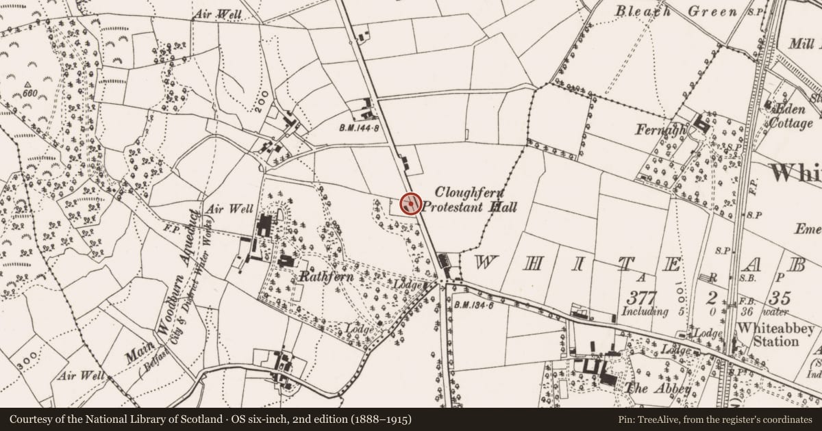 Ordnance Survey six-inch map, 2nd edition (1888–1915) covering the location of Cloughfern Protestant Hall, Antrim and Newtownabbey, with a pin at the register's coordinates