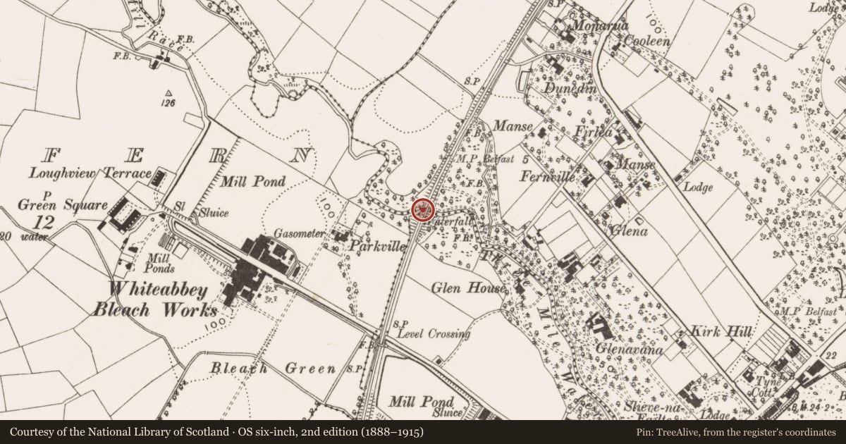 Ordnance Survey six-inch map, 2nd edition (1888–1915) covering the location of Railway Viaduct (2), Jordanstown, Antrim and Newtownabbey, with a pin at the register's coordinates