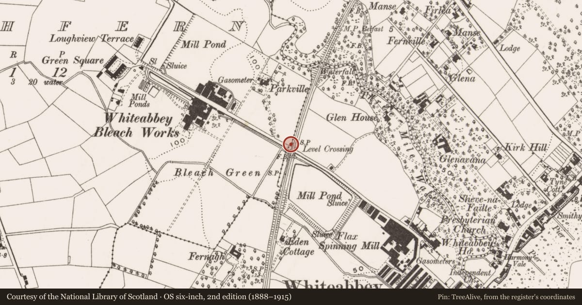 Ordnance Survey six-inch map, 2nd edition (1888–1915) covering the location of Railway Bridge, Antrim and Newtownabbey, with a pin at the register's coordinates
