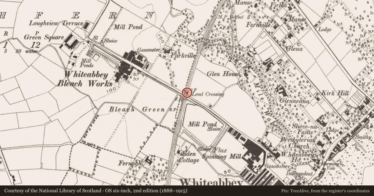 Ordnance Survey six-inch map, 2nd edition (1888–1915) covering the location of Railway Bridge, Whiteabbey, Antrim and Newtownabbey, with a pin at the register's coordinates
