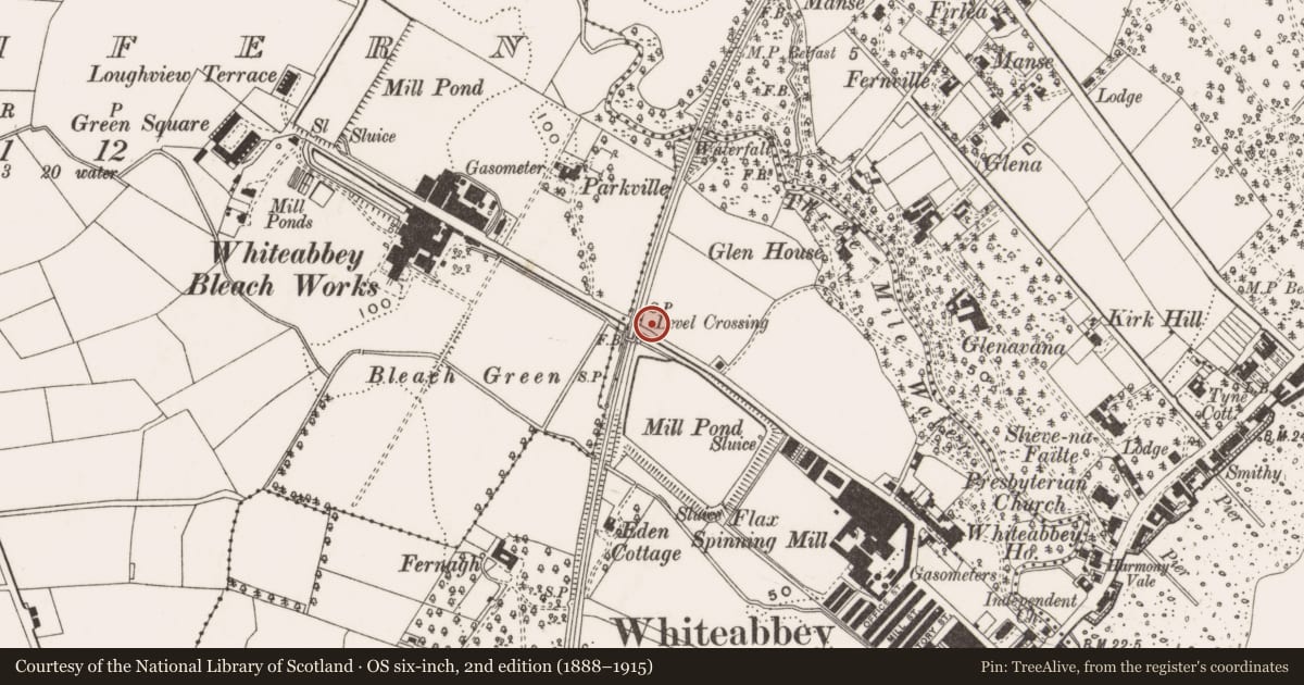 Ordnance Survey six-inch map, 2nd edition (1888–1915) covering the location of Railway Bridge, Whiteabbey, Antrim and Newtownabbey, with a pin at the register's coordinates