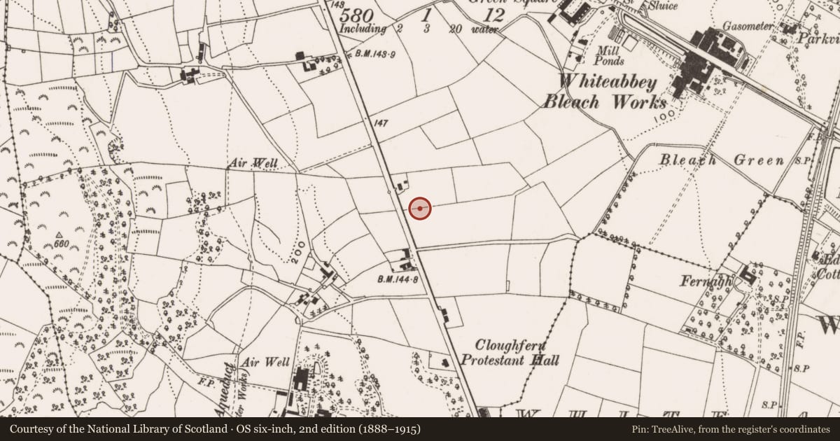 Ordnance Survey six-inch map, 2nd edition (1888–1915) covering the location of King's Park Estate, Antrim and Newtownabbey, with a pin at the register's coordinates