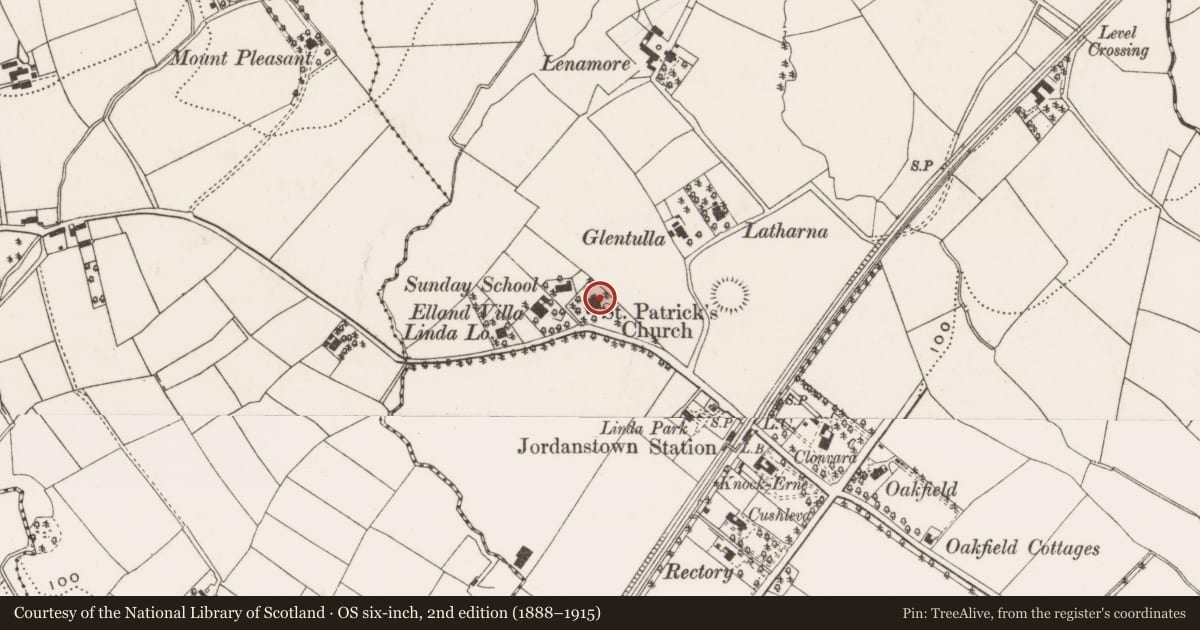 Ordnance Survey six-inch map, 2nd edition (1888–1915) covering the location of Church of St Patrick, Jordanstown, Antrim and Newtownabbey, with a pin at the register's coordinates