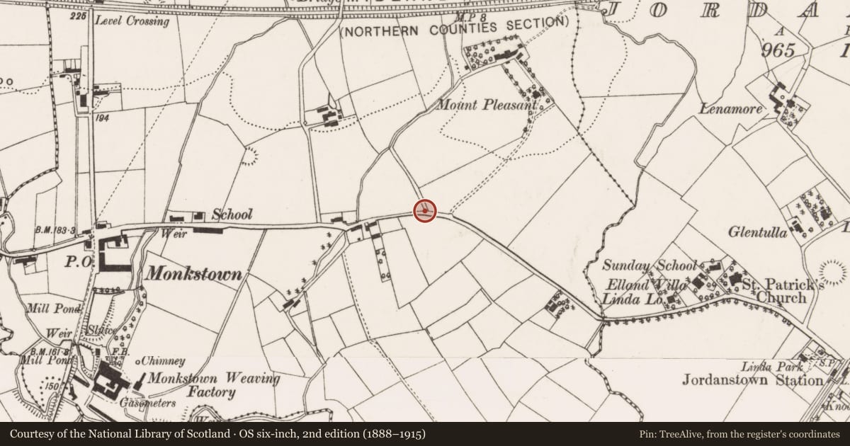 Ordnance Survey six-inch map, 2nd edition (1888–1915) covering the location of Monkstown Bridge over Railway, Jordanstown Road, Newtownabbey, Antrim and Newtownabbey, with a pin at the register's coordinates