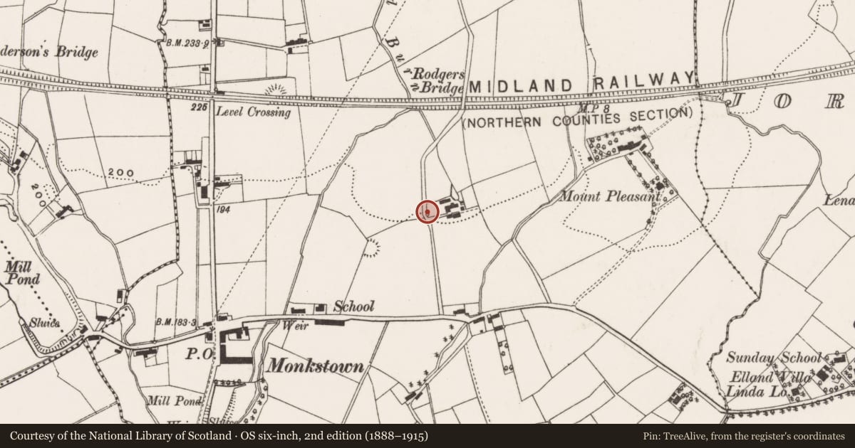 Ordnance Survey six-inch map, 2nd edition (1888–1915) covering the location of Bridge over Railway, Antrim and Newtownabbey, with a pin at the register's coordinates