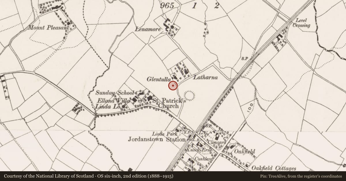 Ordnance Survey six-inch map, 2nd edition (1888–1915) covering the location of 6 Lenamore Avenue, Jordanstown, Antrim and Newtownabbey, with a pin at the register's coordinates