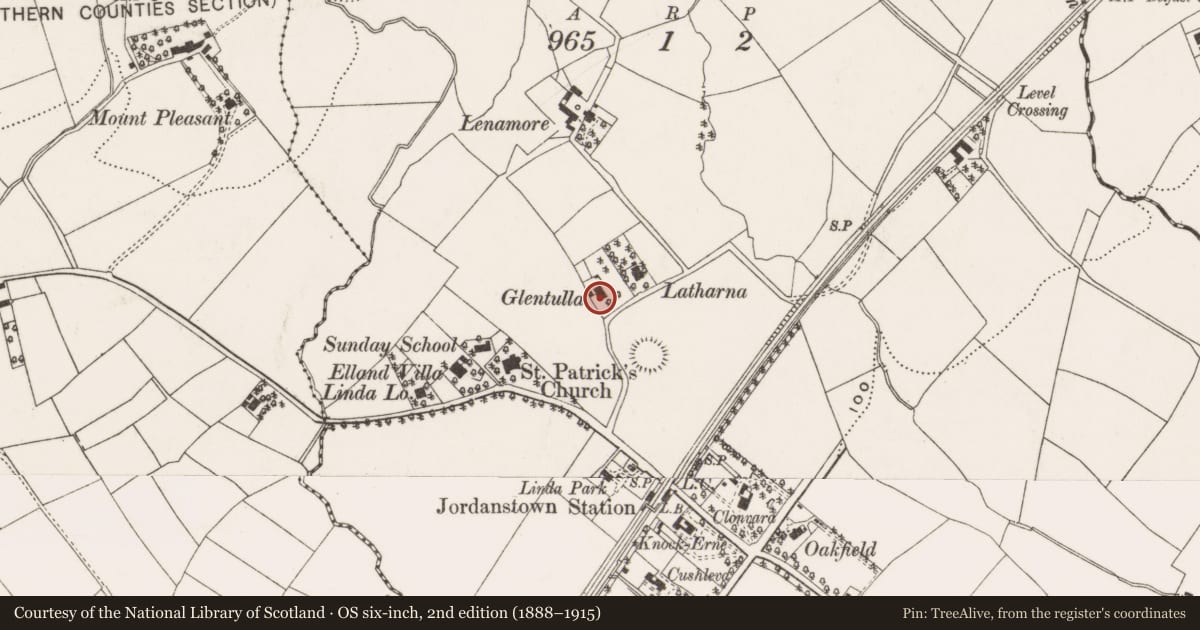 Ordnance Survey six-inch map, 2nd edition (1888–1915) covering the location of 8 Lenamore Avenue, Jordonstown, Antrim and Newtownabbey, with a pin at the register's coordinates