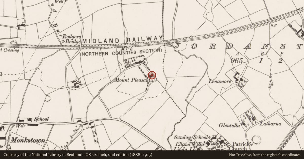 Ordnance Survey six-inch map, 2nd edition (1888–1915) covering the location of Mount Pleasant, Monkstown, Antrim and Newtownabbey, with a pin at the register's coordinates