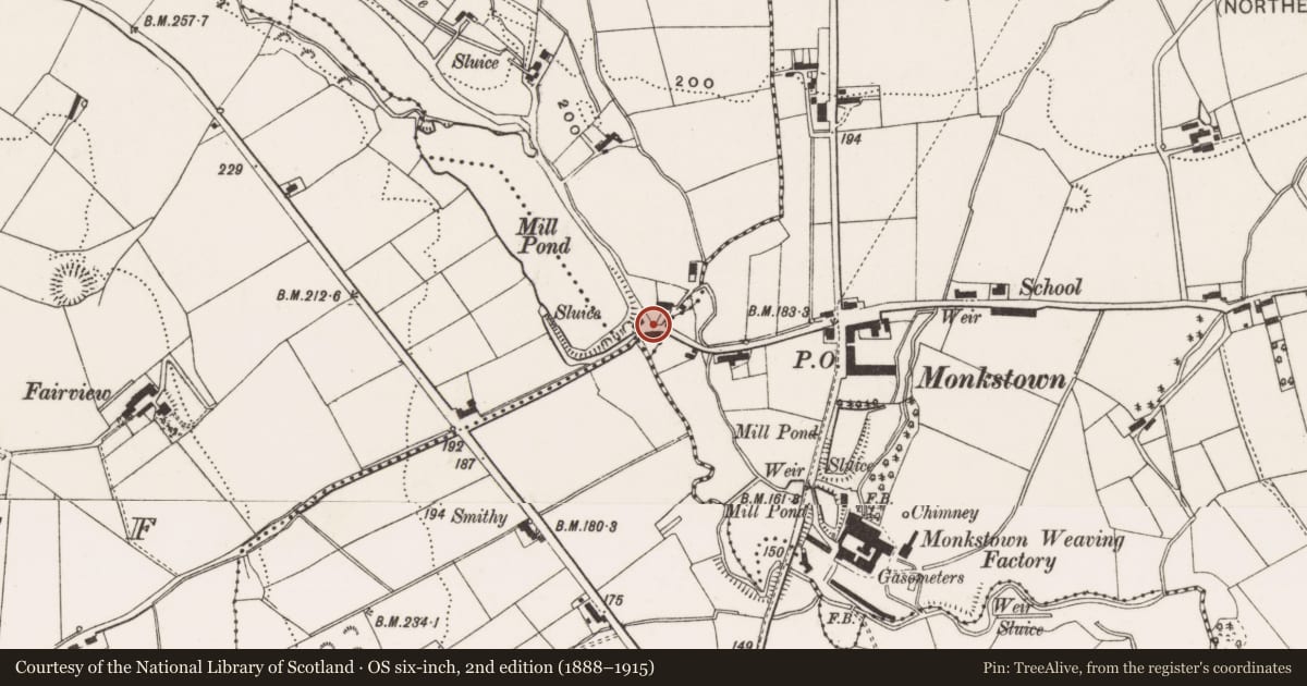 Ordnance Survey six-inch map, 2nd edition (1888–1915) covering the location of Fountain, Ballyhowne, Antrim and Newtownabbey, with a pin at the register's coordinates