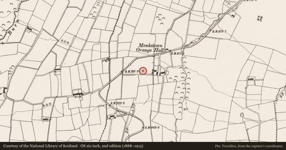 Ordnance Survey six-inch map, 2nd edition (1888–1915) covering the location of 25 Knockagh Road, Antrim and Newtownabbey, with a pin at the register's coordinates