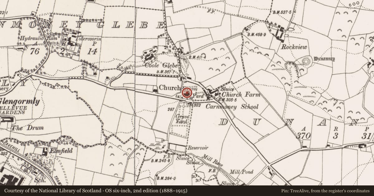 Ordnance Survey six-inch map, 2nd edition (1888–1915) covering the location of Carnmoney Parish Church, Antrim and Newtownabbey, with a pin at the register's coordinates
