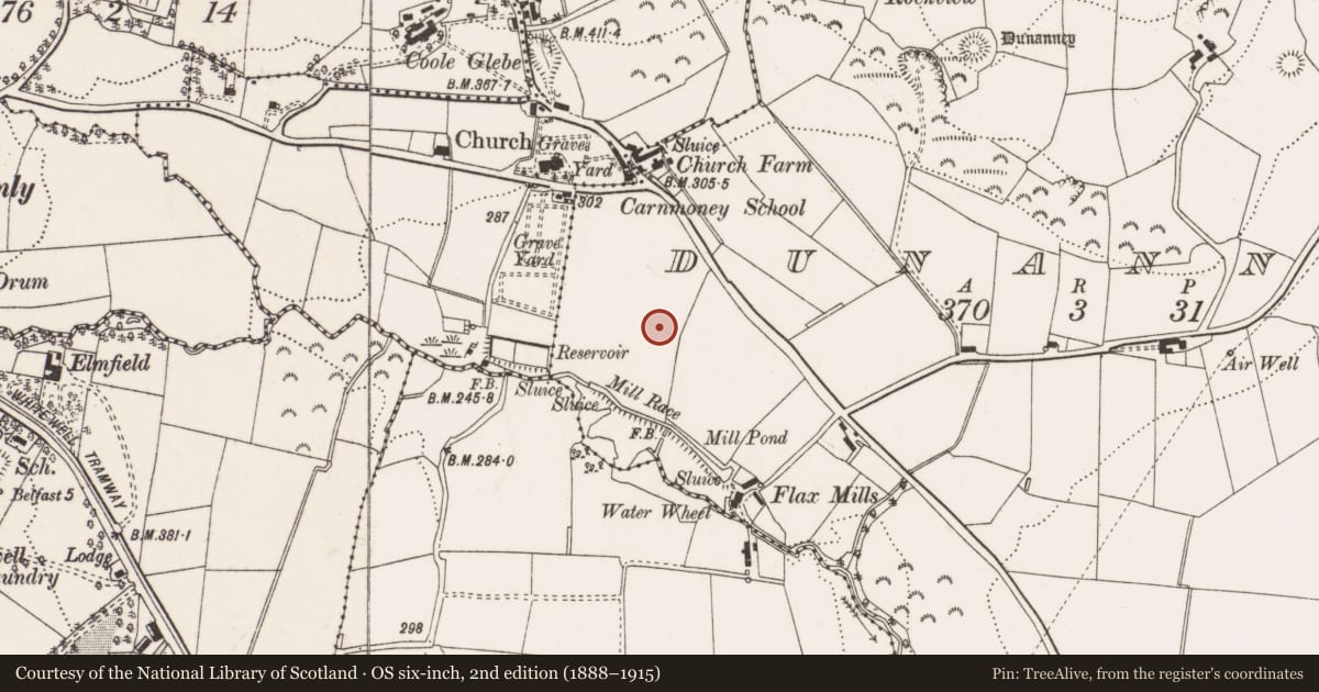 Ordnance Survey six-inch map, 2nd edition (1888–1915) covering the location of Gray's Memorial, Antrim and Newtownabbey, with a pin at the register's coordinates