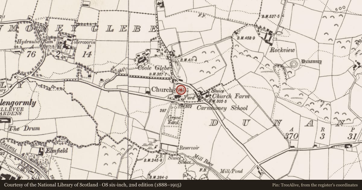 Ordnance Survey six-inch map, 2nd edition (1888–1915) covering the location of The Smythe Cross And Railings, Antrim and Newtownabbey, with a pin at the register's coordinates