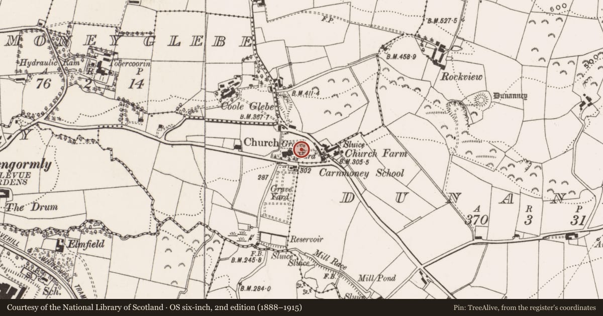 Ordnance Survey six-inch map, 2nd edition (1888–1915) covering the location of The Rev. John Thomson Memorial, Antrim and Newtownabbey, with a pin at the register's coordinates